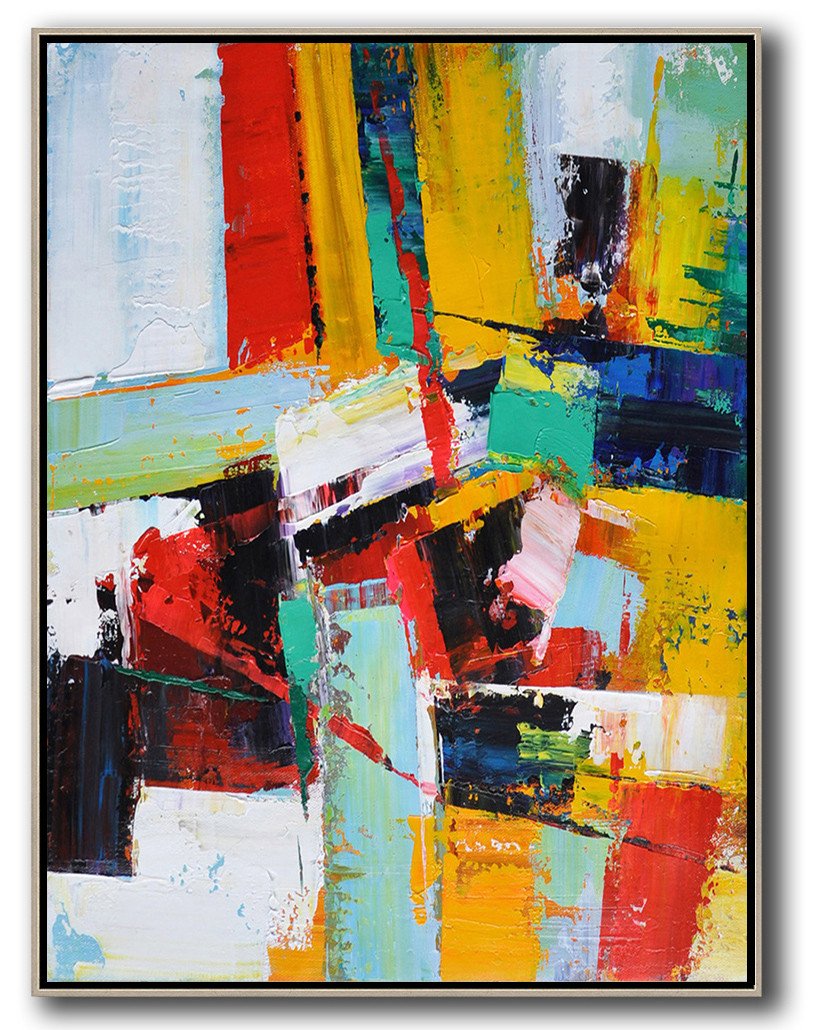 Large Abstract Painting On Canvas,Vertical Palette Knife Contemporary Art,Extra Large Canvas Art,Handmade Acrylic Painting,Red,Yellow,Dark Blue,White.etc